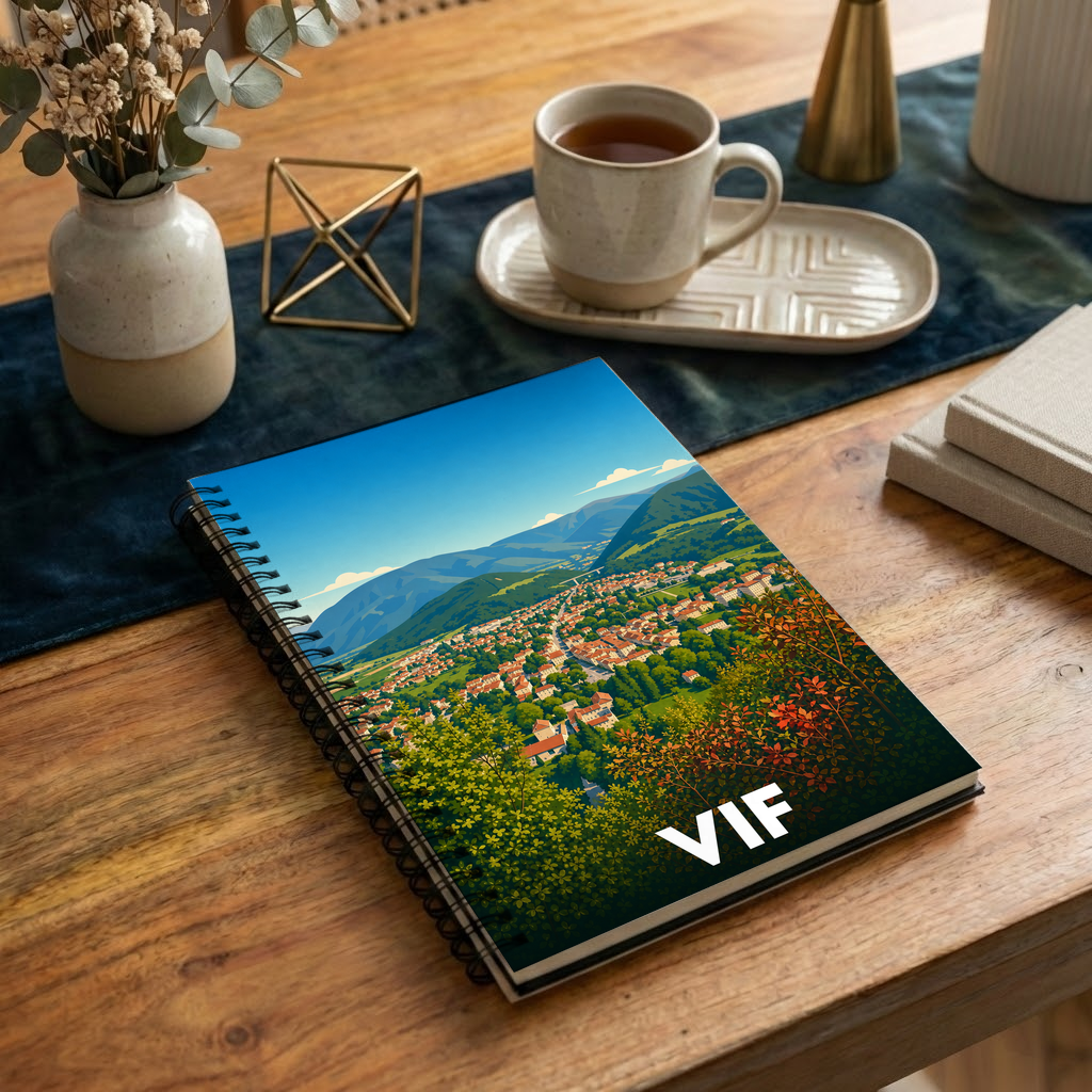 Carnet souvenir de la ville de Vif avec une illustration stylisée.