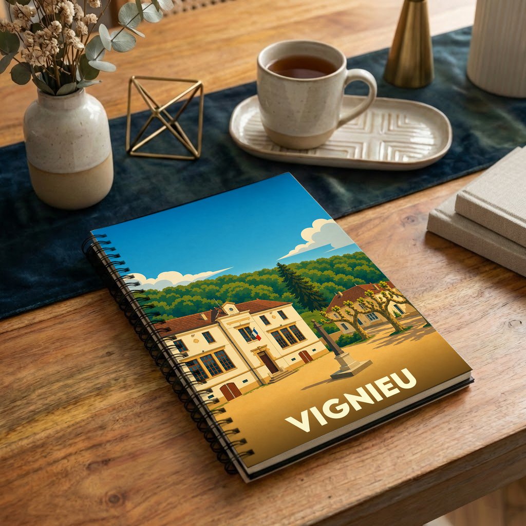 Carnet à spirales souvenir de la ville de Vignieu avec une illustration stylisée de son hôtel de ville.
