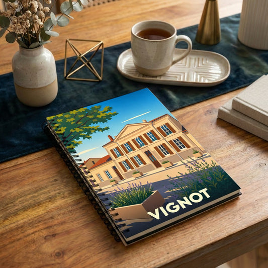 Carnet souvenir de la ville de Vignot avec une illustration stylisée d'une demeure bourgeoise.