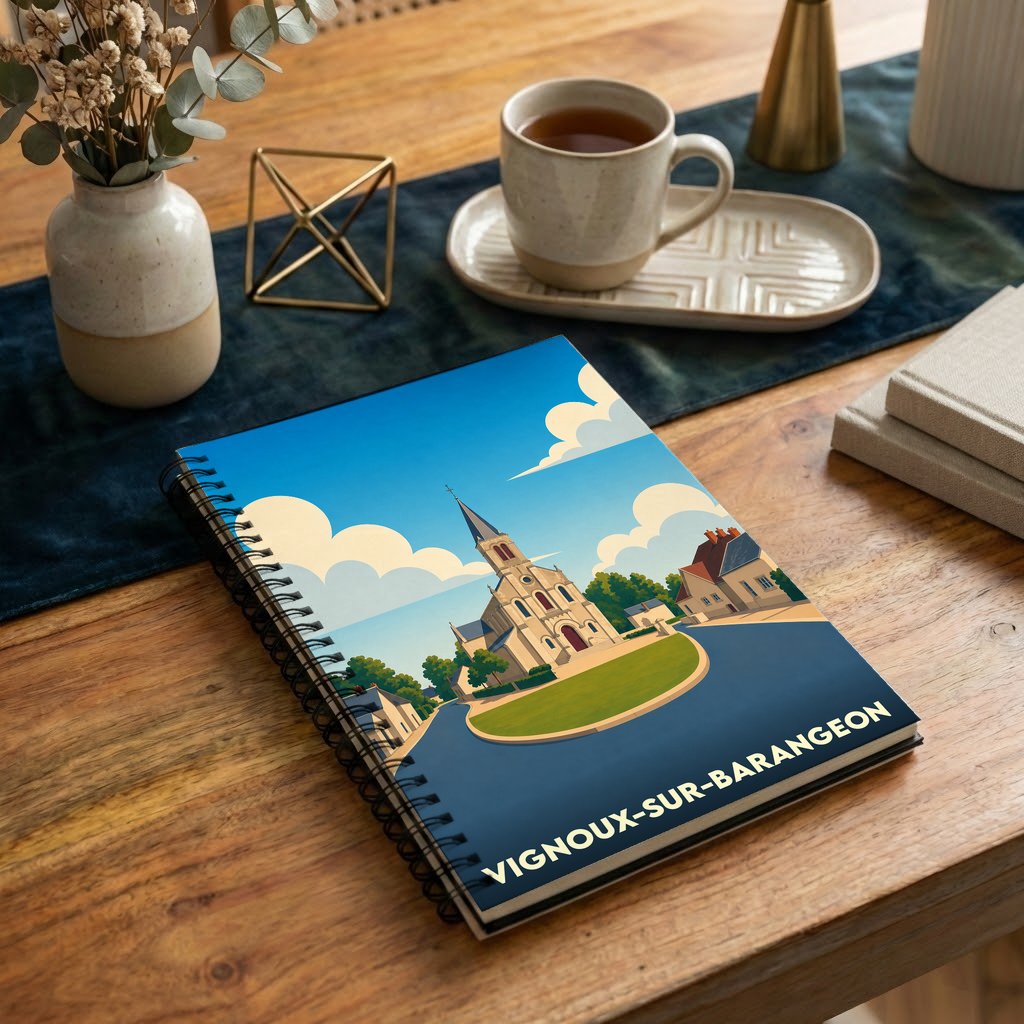 Carnet de notes à spirales souvenir de Vignoux-sur-Barangeon avec une illustration stylisée de son église.