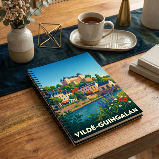 Carnet de notes souvenir de la ville de Vildé-Guingalan avec une illustration stylisée et colorée.