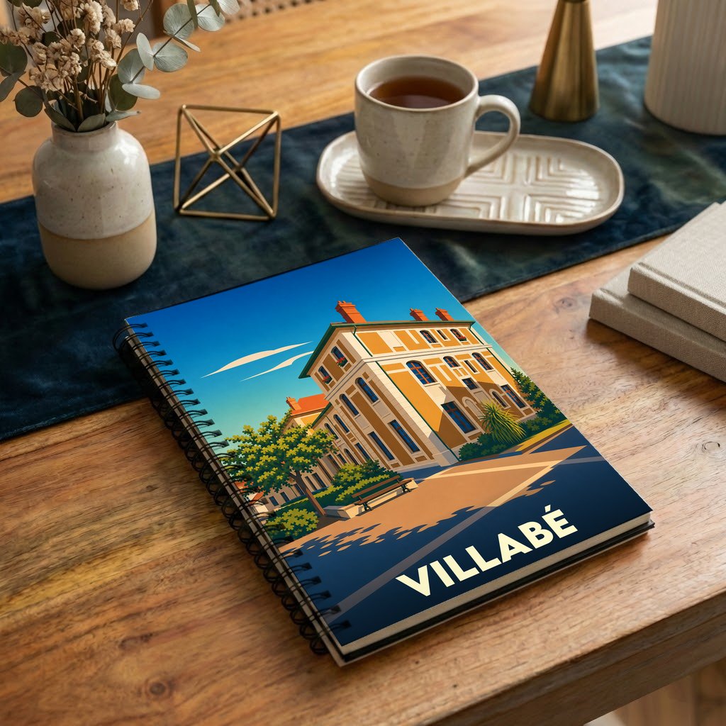 Carnet à spirales souvenir de la ville de Villabé avec une illustration stylisée d'un bâtiment historique.
