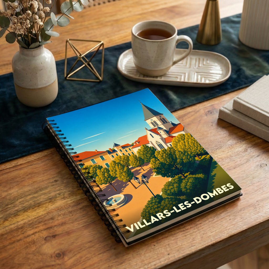 Carnet à spirales souvenir de la ville de Villars-les-Dombes avec une illustration stylisée.