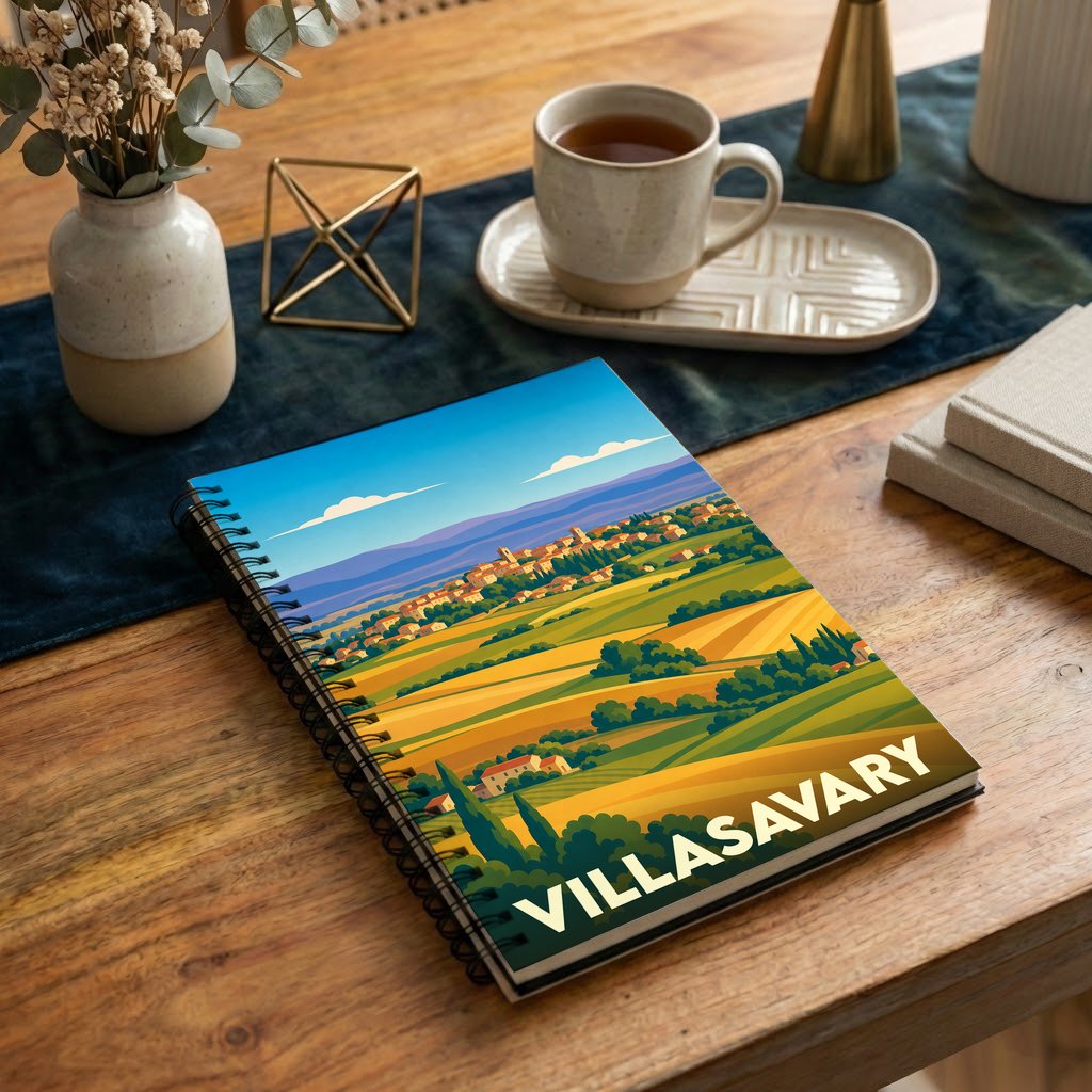 Carnet à spirales souvenir de la ville de Villasavary illustré d'un paysage de campagne stylisé.