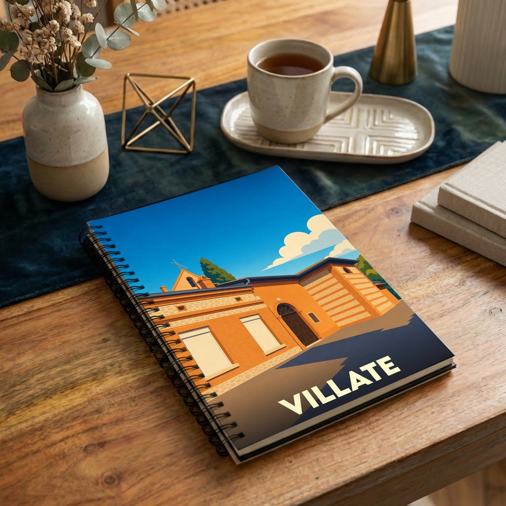 Carnet à spirales souvenir de la ville de Villate avec une illustration stylisée d'un bâtiment emblématique.