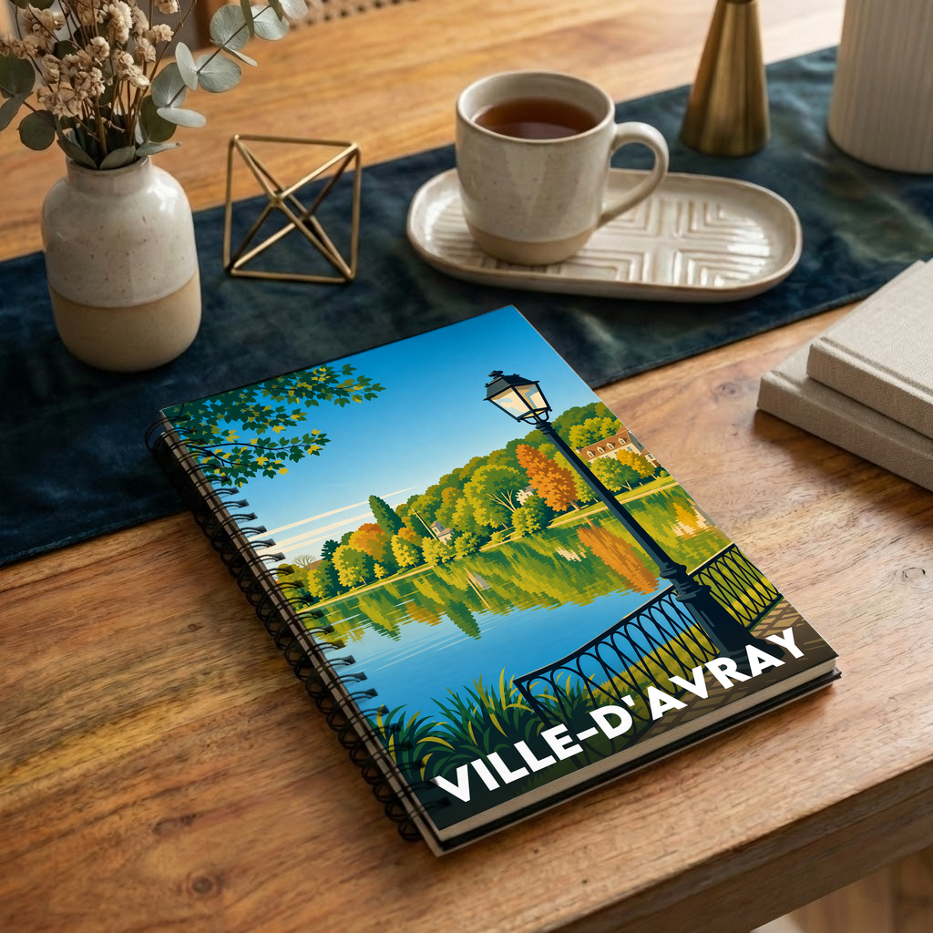Carnet souvenir de la ville de Ville-d'Avray avec une illustration stylisée d'un paysage lacustre.