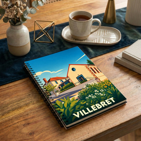 Carnet souvenir de la ville de Villebret avec une illustration stylisée et colorée.