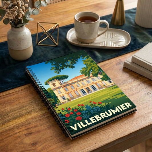 Carnet souvenir de la ville de Villebrumier avec une illustration stylisée d'un château.