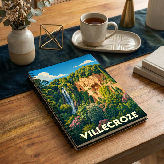 Carnet à spirales souvenir de la ville de Villecroze avec une illustration stylisée de ses grottes et de sa cascade.