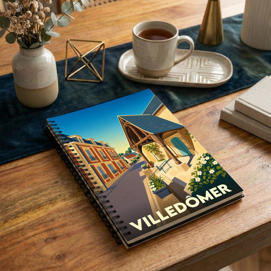 Carnet à spirales souvenir de la ville de Villedômer avec une illustration stylisée.