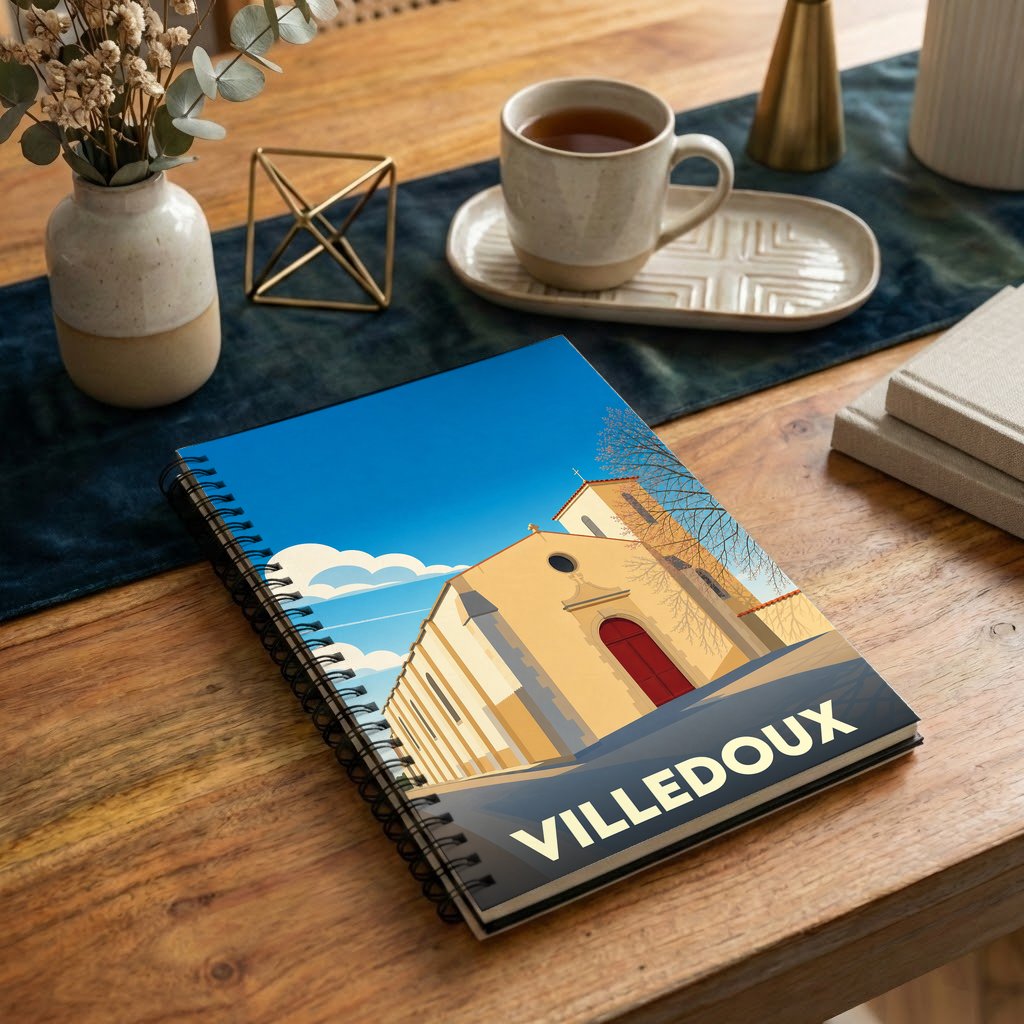 Carnet souvenir de la ville de Villedoux avec une illustration stylisée de son église.