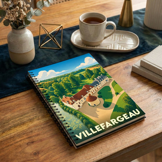 Carnet à spirales souvenir de Villefargeau avec une illustration stylisée d'un château entouré de verdure.