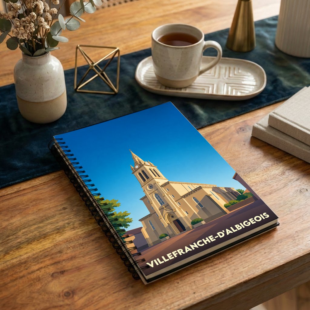 Carnet souvenir de la ville de Villefranche-d'Albigeois avec une illustration stylisée de son église.