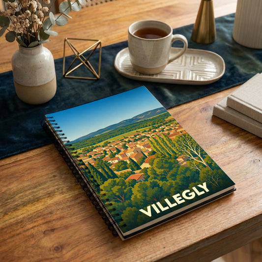 Carnet souvenir à spirales de la ville de Villegly illustré d'un paysage panoramique coloré.