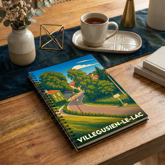 Carnet souvenir de Villegusien-le-Lac illustré par un paysage de village stylisé et coloré.