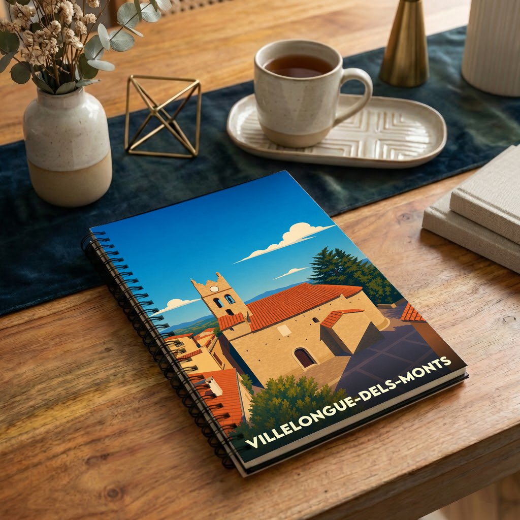 Carnet de notes souvenir de Villelongue-dels-Monts avec une illustration stylisée de son église sous un ciel bleu.