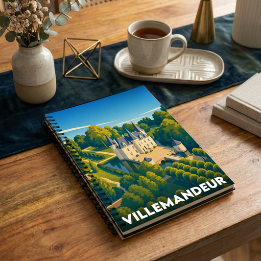 Carnet souvenir de la ville de Villemandeur avec une illustration stylisée d'un château.