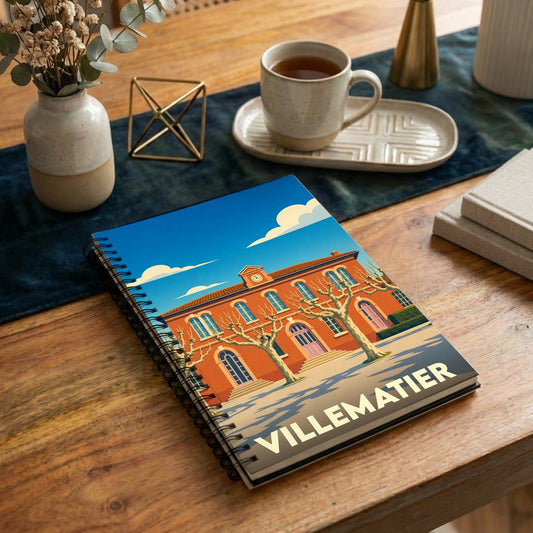 Carnet souvenir de la ville de Villematier avec une illustration stylisée.
