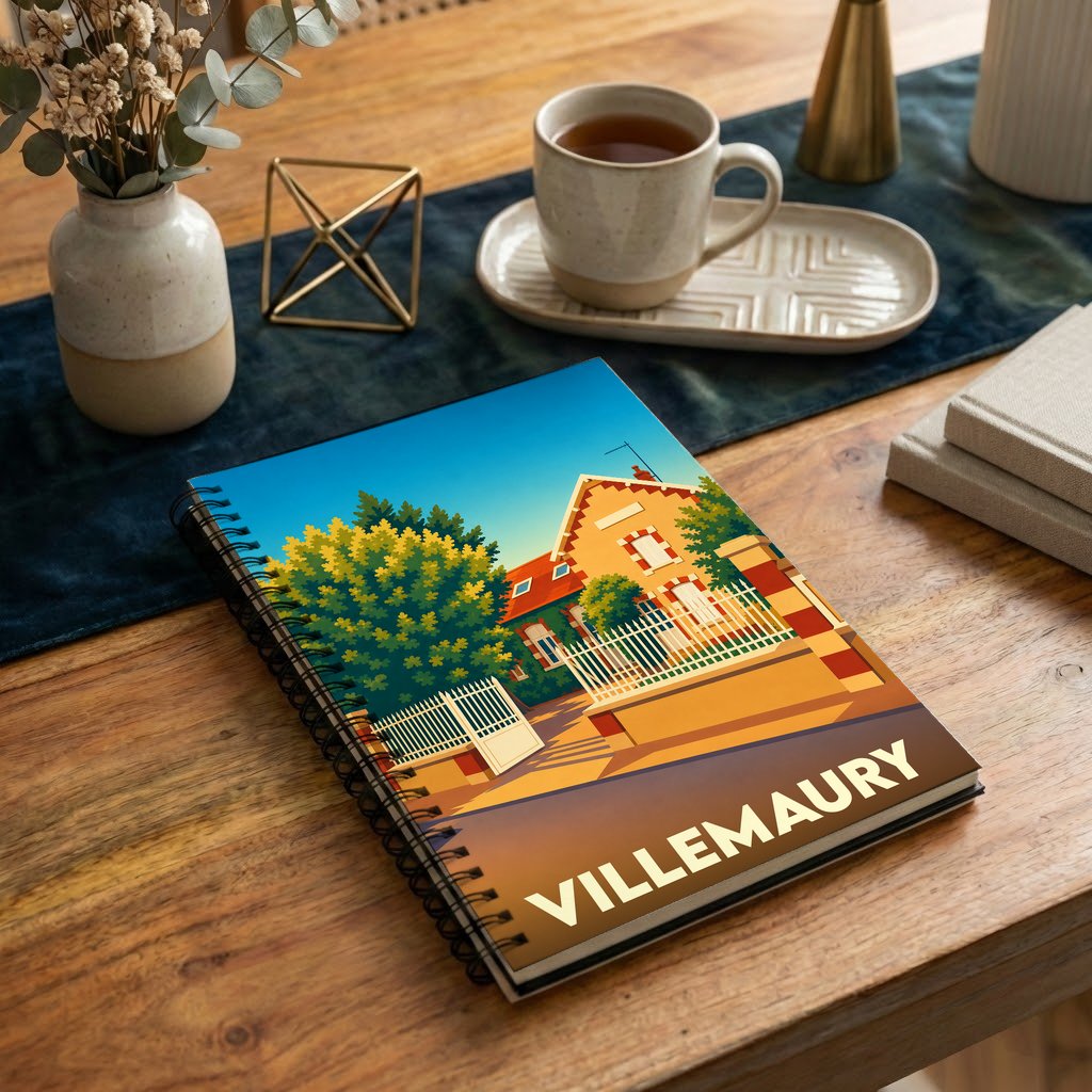 Carnet à spirales souvenir de Villemaury arborant une illustration colorée et stylisée d'une maison de la ville.