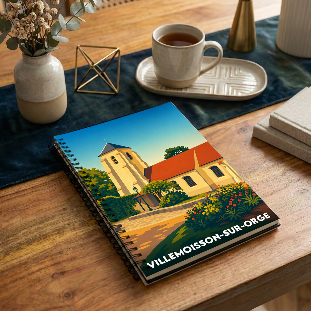 Carnet à spirales souvenir de Villemoisson-sur-Orge avec une illustration stylisée de l'église locale.
