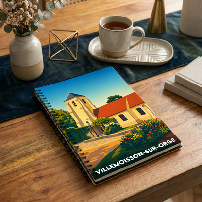 Carnet à spirales souvenir de Villemoisson-sur-Orge avec une illustration stylisée de l'église locale.