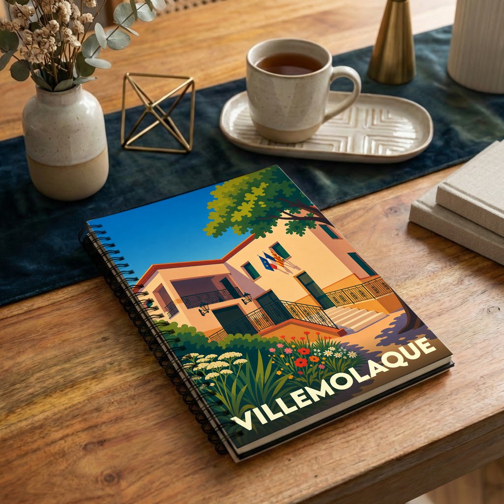 Carnet souvenir de la ville de Villemolaque avec une illustration stylisée.