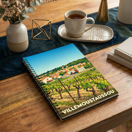Carnet souvenir de la ville de Villemoustaussou avec une illustration stylisée de son vignoble.