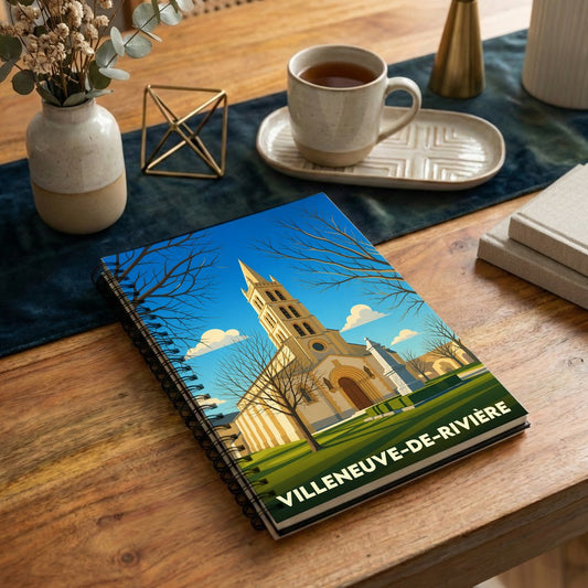 Carnet souvenir de la ville de Villeneuve-de-Rivière avec une illustration stylisée de son église.