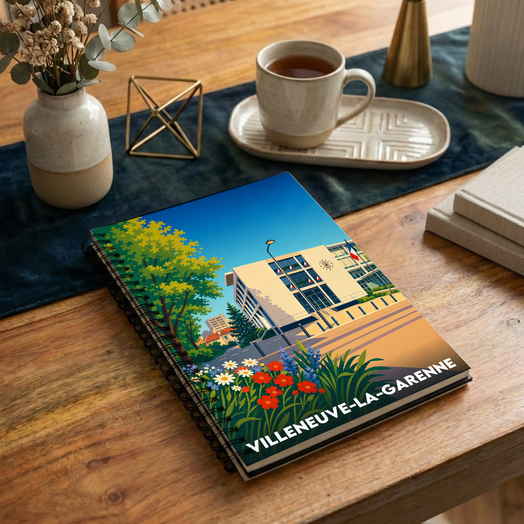 Carnet à spirales souvenir de la ville de Villeneuve-la-Garenne avec une illustration colorée et stylisée de son hôtel de ville.