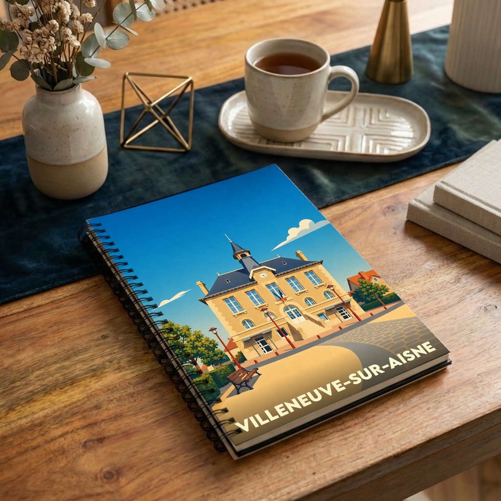 Carnet à spirales souvenir de Villeneuve-sur-Aisne avec une illustration stylisée de l'hôtel de ville.