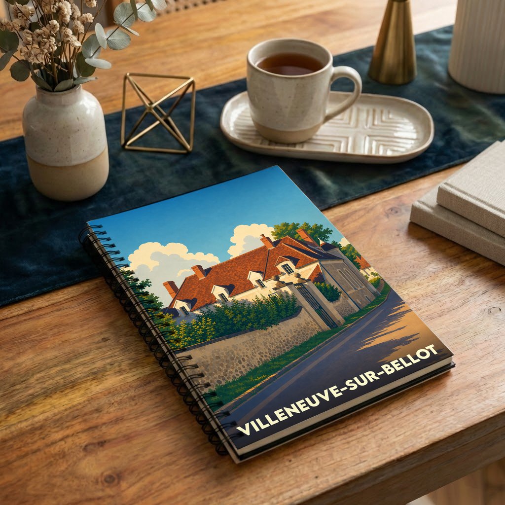 Carnet à spirales souvenir de la ville de Villeneuve-sur-Bellot avec une illustration stylisée d'une maison de campagne.