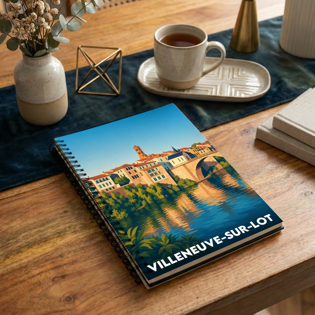 Carnet souvenir de la ville de Villeneuve-sur-Lot avec une illustration stylisée.