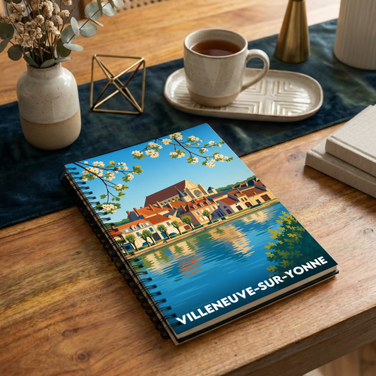 Carnet souvenir de la ville de Villeneuve-sur-Yonne avec une illustration stylisée.