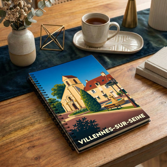 Carnet à spirales souvenir de la ville de Villennes-sur-Seine avec une illustration stylisée.