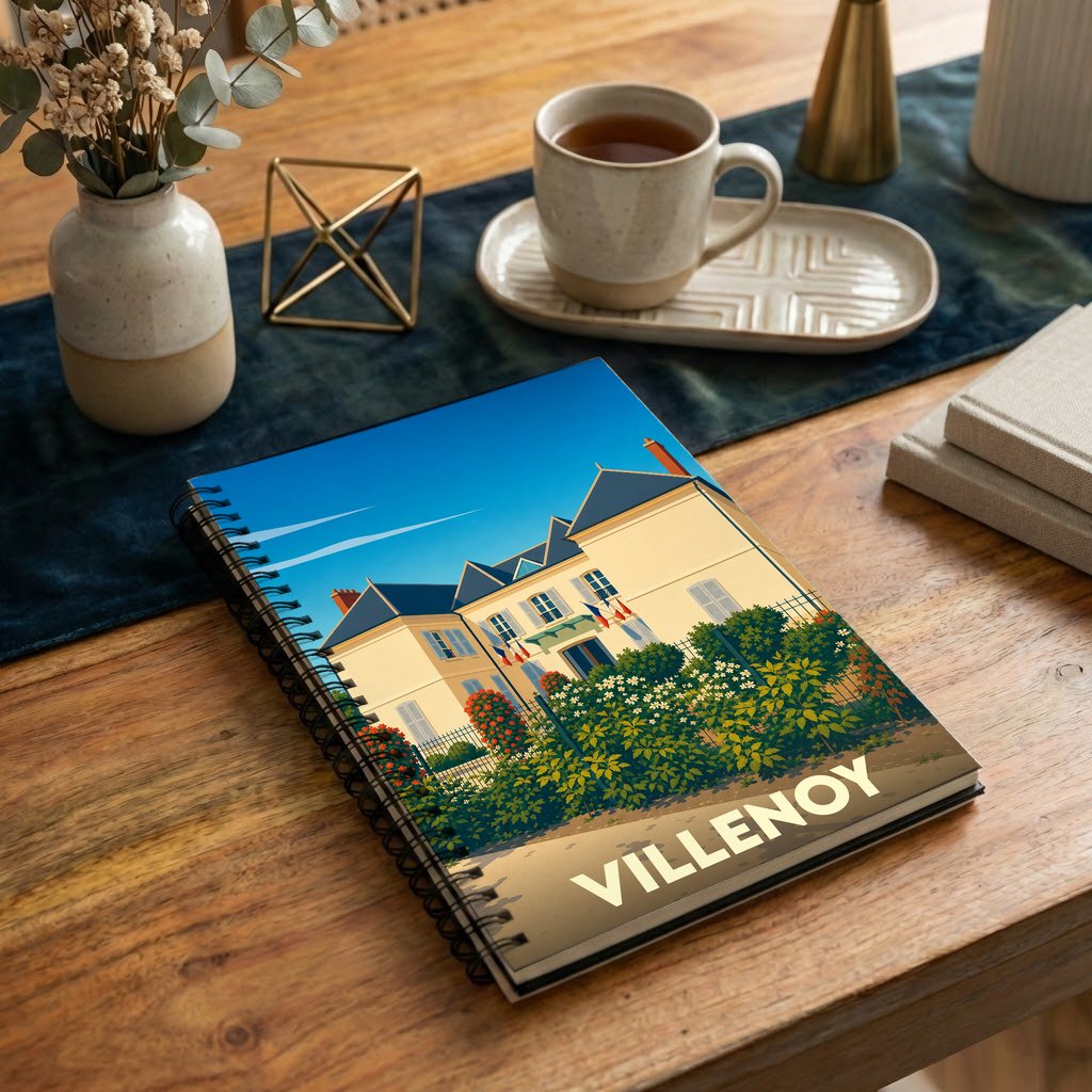 Carnet à spirales souvenir de la ville de Villenoy avec une illustration stylisée d'une grande demeure fleurie.