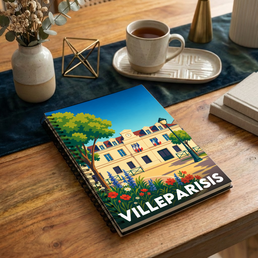 Carnet à spirales souvenir de la ville de Villeparisis avec une illustration stylisée de sa mairie.