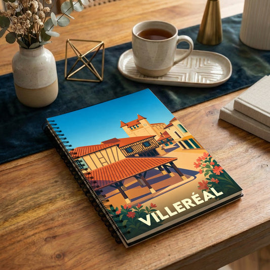 Carnet à spirales souvenir de la ville de Villeréal avec une illustration stylisée de sa halle médiévale.