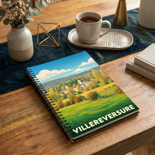 Carnet à spirales souvenir de la ville de Villereversure avec une illustration paysagère stylisée.