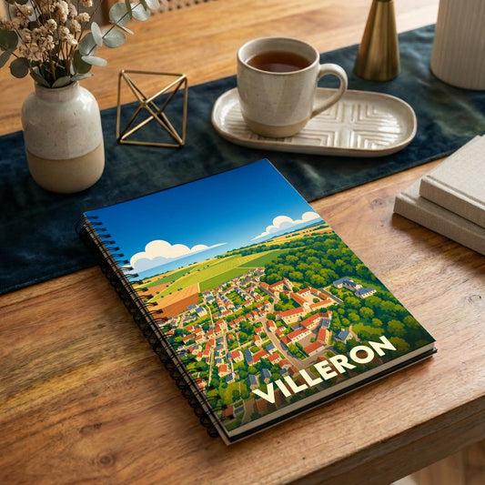 Carnet souvenir de la ville de Villeron avec une illustration stylisée en vue aérienne.