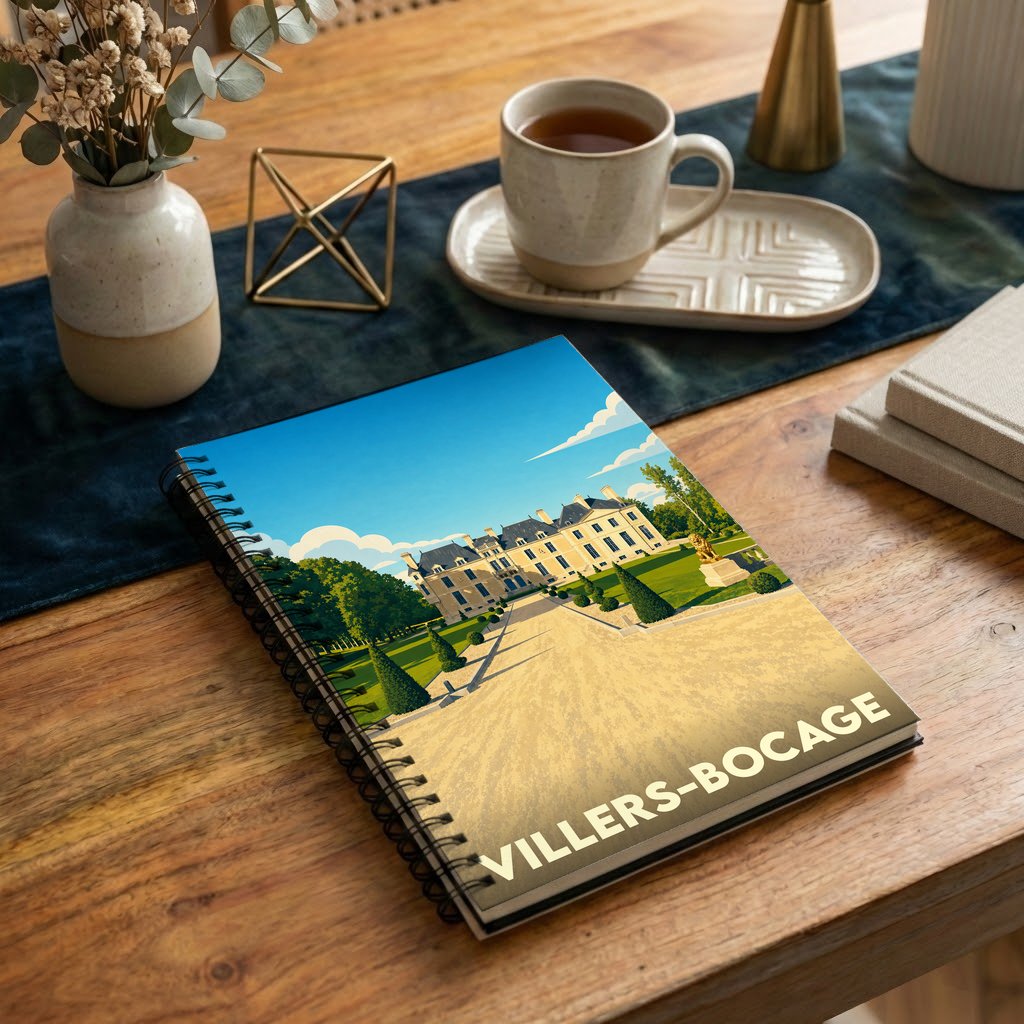 Carnet à spirales souvenir de Villers-Bocage illustré d'un château majestueux dans un style affiche vintage.