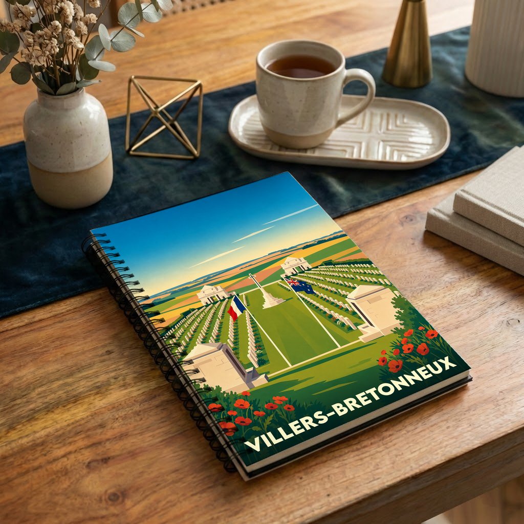 Carnet souvenir de la ville de Villers-Bretonneux avec une illustration stylisée de son mémorial.