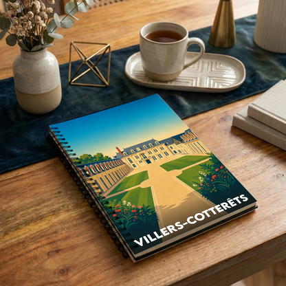 Carnet à spirales souvenir de Villers-Cotterêts avec une illustration stylisée de son château et de ses jardins.