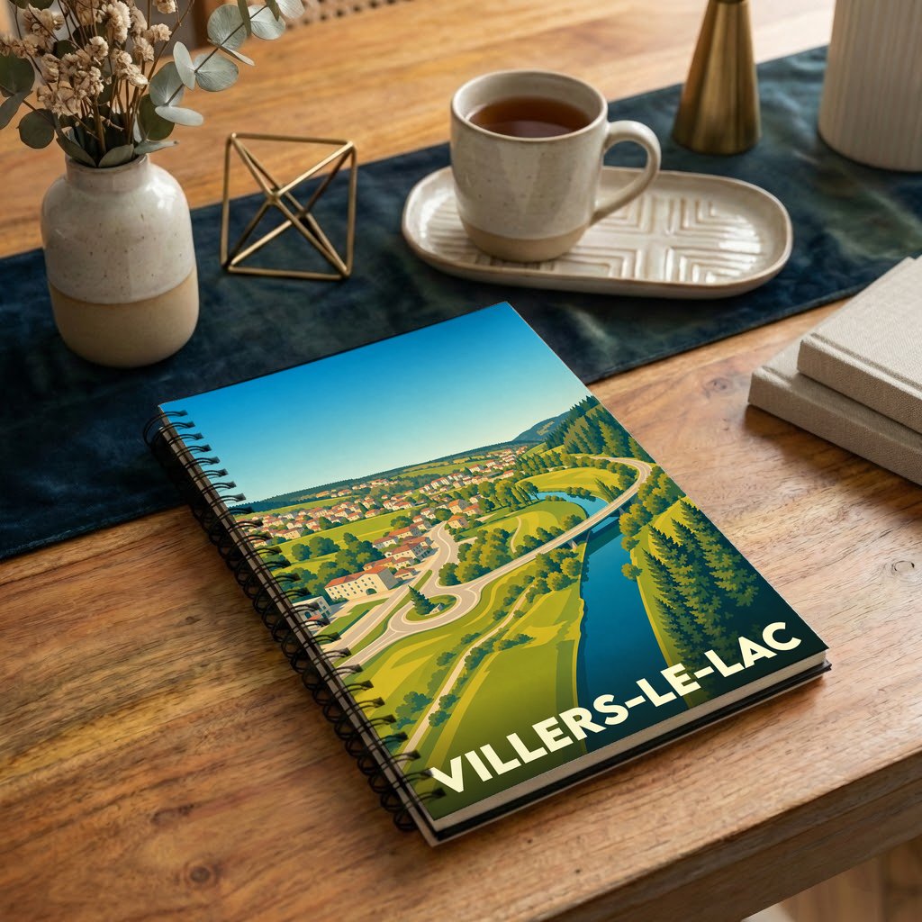 Carnet à spirales souvenir de la ville de Villers-le-Lac avec une illustration stylisée de son paysage.