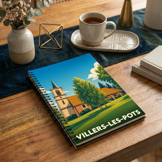 Carnet souvenir de la ville de Villers-les-Pots avec une illustration stylisée de son église.