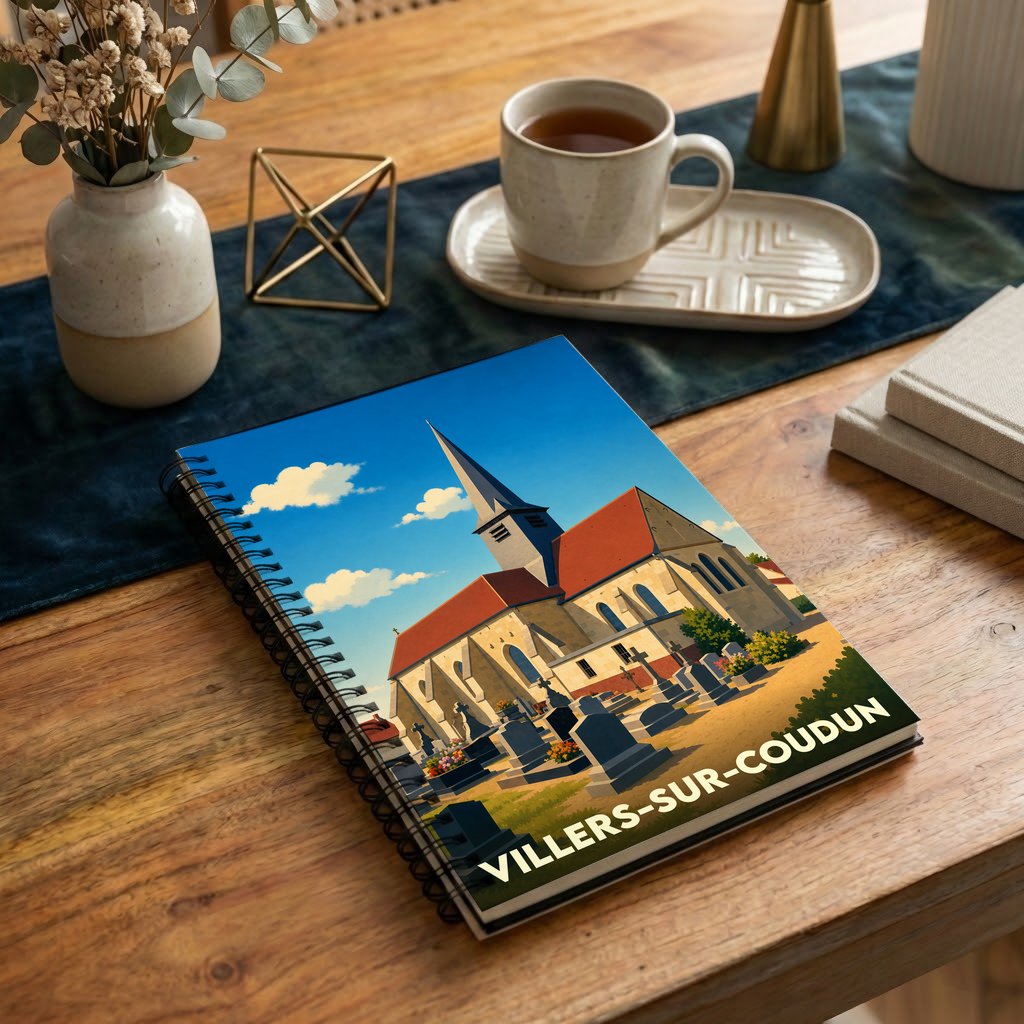 Carnet de notes souvenir de la ville de Villers-sur-Coudun illustré par une vue stylisée de son église et de son cimetière.