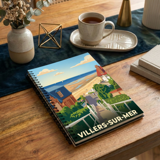 Carnet souvenir de la ville de Villers-sur-Mer avec une illustration stylisée de son paysage côtier.