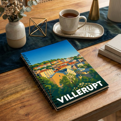 Carnet à spirales souvenir de la ville de Villerupt avec une illustration stylisée et colorée.