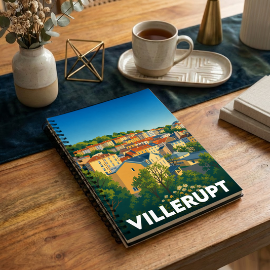 Carnet à spirales souvenir de la ville de Villerupt avec une illustration stylisée et colorée.