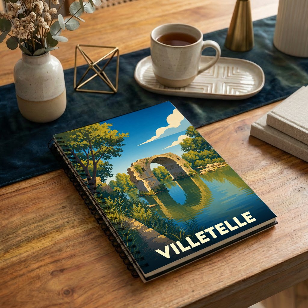 Carnet à spirales souvenir de la ville de Villetelle avec une illustration stylisée du Pont Ambroix.