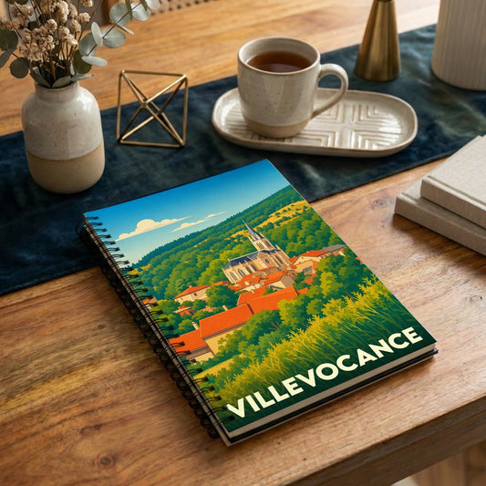 Carnet à spirale souvenir de la ville de Villevocance avec une illustration stylisée d'un village pittoresque.